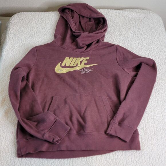 Nike Women's Essentials Funnel Neck Fleece Hoodie Gold Glitter Burgandy Size M - Picture 1 of 8